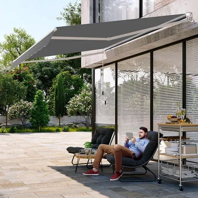 Produktbild von GOPLUS Gelenkarmmarkise 295x250cm für Sonnenschutz & Regenschutz, Balkonmarkise mit Handkurbel, Terrassenmarkise Aluminium, Einziehbar
