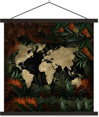 Produktbild von MuchoWow® Textilposter Weltkarte - Retro - Blumen 90x90 cm mit schwarzem Rahmen - Magnetisches