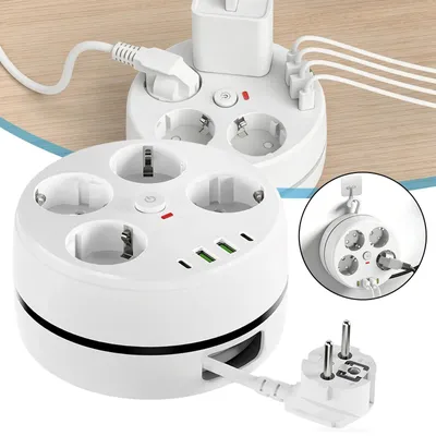 Produktbild von Runde Steckdosenleiste mit Schalter 4 fach Mehrfachsteckdose + 4 USB 2m Kabel