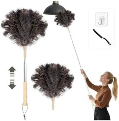 Produktbild von Staubwedel Straußenfedern, Staubwedel Teleskop Waschbar, Ausziehbar bis 125cm für Decken & empfindliche Oberflächen, kratzfreies Entstauben, Bambusgriff,Mit austauschbarem Federkopf, Haken, Rissbürste