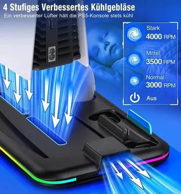 Produktbild von PS5 Ständer,PS5 Cooling Lüfter,PS5 Standfuß für Disc/Digital Edition Playstation-Halterung, Mit PS5 Controller Ladestation/Headset Halterung/6 Spiele