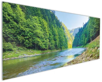 Produktbild von Wallario Küchenrückwand aus Glas, Größe: 125 x 50 cm, Motiv: Fluss in den Bergen an steinigem Ufer | Spritzschutz | abwischbar | pflegeleicht | in