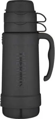 A black Thermos flask with two cups on top, shown against a white background.