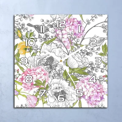 Produktbild von Deko Glasuhr Wanduhr 30x30 Vögel und Blumen Quarz Küchenuhr Bürouhr