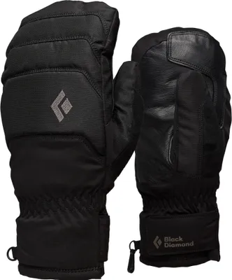 Schwarze Skihandschuhe "Mission MX Mitts" von Black Diamond; mit gepolstertem Handrücken und elastischem Bündchen.