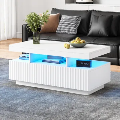 Obrázok produktu pre Biely konferenčný stolík, s vertikálnymi pruhmi, s LED osvetlením, s 2 zásuvkami, veľký