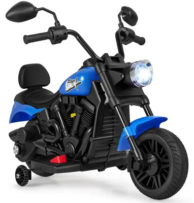 Produktbild von COSTWAY 6 V Kinder Motorrad Elektro, Kindermotorrad mit Scheinwerfer, Rückspiegel, 2 Stützrädern, Musik&Licht, 2,4 km/h, für Kinder ab 18 Monaten Blau