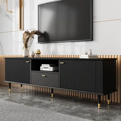 Produktbild von MODFU TV-Schrank TV-Lowboard 1 Schubladen und 2 Türen Fernsehbank mit Metallfüßen und offenen Fächern Schwarz