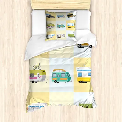 Image de Ensemble de housse de couette ABAKUHAUS Vintage Trucks, illustration sur le thème Happy Camper représentant différents vans sur fond pastel à carreaux, 135 x 200 cm + 80 x 80 cm, multicolore