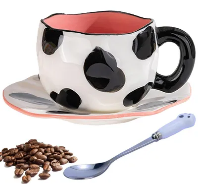 Productafbeelding van Koffiekopjes set met schotel, 250 ml, keramiek, zwart, met koeienprint