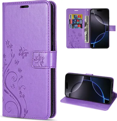 Produktbild von iPhone 16 Pro Handyhülle – Klapphülle Schutzhülle Tasche mit Magnetverschluss & Kartenfächern Lila