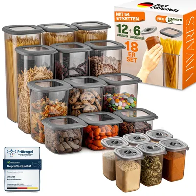A collection of clear plastic food storage containers with gray lids, filled with various food items like pasta, cookies, and candies, displayed alongside a product box.