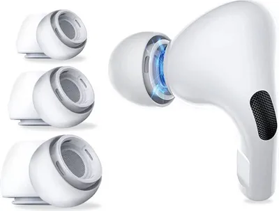 A product image showing multiple ear tips for AirPods Pro and a close-up of one ear tip being attached to an AirPod.