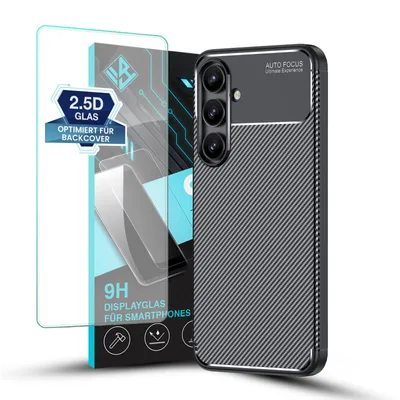 Produktbild von Handy Hülle für Samsung Galaxy S24 FE mit 9H Displayglas Displayschutz Plus Carbon Look Cover Case Schutzhülle Farbe: Schwarz