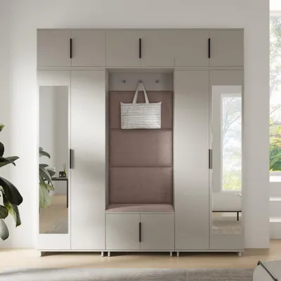 Produktbild von Garderoben-Set Napoli Version 2:Kleiderschrank mit Polsterpaneelen, Schuhschrank, Hängeschrank für Flur und Eingangsbereich (Cashmere/Trinity 05)