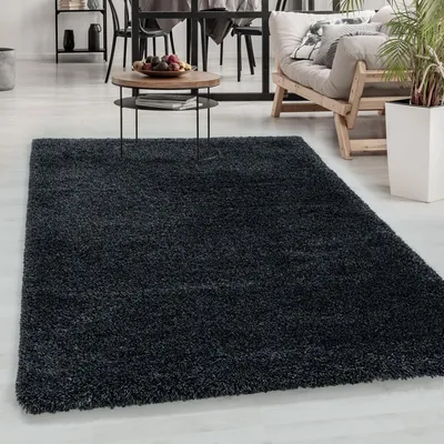 A dark gray shaggy rug is shown in a living room setting.