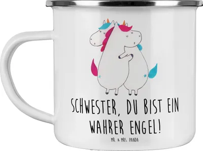 Produktbild von Mr. & Mrs. Panda Haferl Schwester Engel - Weiß - Geschenk, Geschenke, Für, Besonderes, Danke, Teetasse, Blechtasse, Beziehung, Pott, Aufmerksamkeit, Emailletasse, sagen