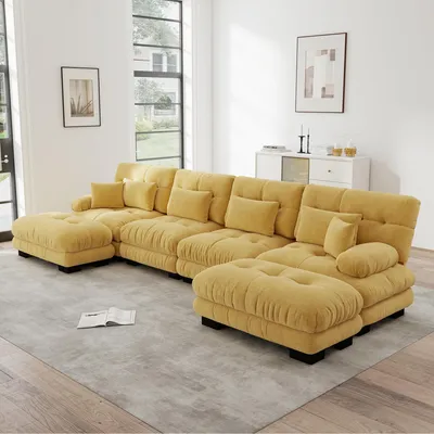 Image de Canapé Chenille Cloud en U, canapé-lit modulaire avec pouf, 4 places, 406 x 145 x 81 cm, jaune