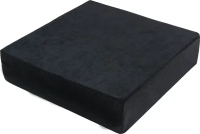 A black square seat cushion is shown from a slightly elevated angle against a white background.
