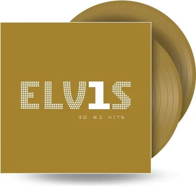 A gold-colored vinyl record album cover with the title 'ELVIS 30 #1 HITS' and two gold vinyl records are shown.