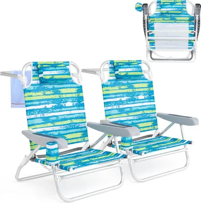 Immagine prodotto di KOMFOTTEU set con 2 sedie pieghevoli, sedia da spiaggia con schienale regolabile in 5 posizioni, lettino da spiaggia con porta bevande e porta asciugamani, lettino per campeggio, picnic (verde)