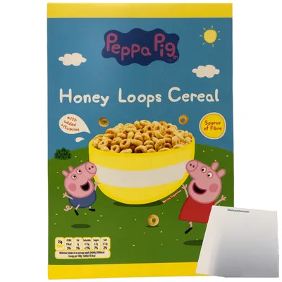 Produktbild von Peppa Pig Honey Loops Frühstückscerealien aus Vollkorngetreide mit Honig (375g Packung) + usy Block