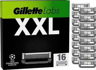 A product box for Gillette Labs XXL razor blades, showing the packaging and a stack of replacement blades.