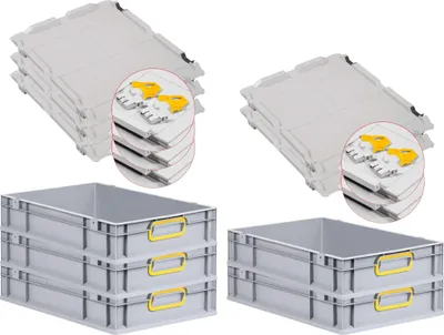 Produktbild von SuperSparSet 5x Eurobox NextGen Color mit Scharnierdeckel und Schiebeschnappverschlüssen | HxBxT 12x40x60cm | 23 Liter | Grau | Griffe gelb geschlossen | Glatter Boden | Eurobehälter, Transportbox, Transportbehälter, Stapelbehälter