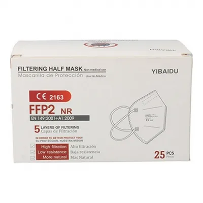 Image de pack de 25 protections buccales et nasales FFP2, cinq couches filtrantes, conformes à la norme européenne