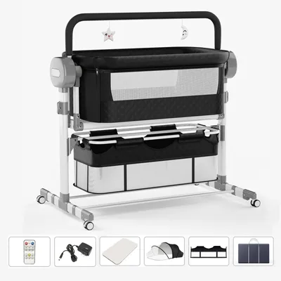 Produktbild von Elektrisches Baby-Beistellbett - 3-in-1 Babybett - Tragbar - 5 Schwingstufen - Feststellbare Rollen - Atmungsaktiver Stoff - Waschbar - Schwarz
