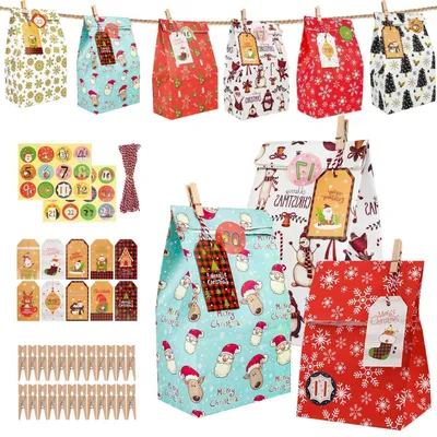 Produktbild von Adventskalender zum Befüllen DIY Bastelset mit 24 Tüten, Zahlen Aufkleber, Karten, Klammern & Schnur