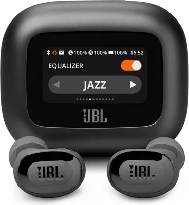 A pair of black JBL wireless earbuds and their charging case are displayed against a black background.