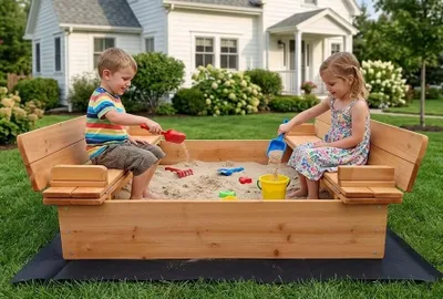 Produktbild von Sandkasten WOODLI mit Deckel und Sitzbänken Holzsandkasten Holz Sand Kasten