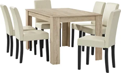 Image de [en.casa] Table de salle à manger en chêne clair avec 6 chaises en similicuir crème rembourrées 140x90 Groupe de salle à manger