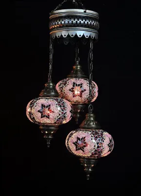 Produktbild von Türkische Hängelampe - Mosaiklampe - Marokkanische Lampe - Authentische Handarbeit - 3 bunte Glaskugeln - 80 cm hoch