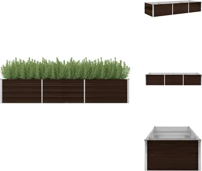 A long, brown planter box filled with green plants, shown against a white background. Several smaller images of the planter box are also visible.