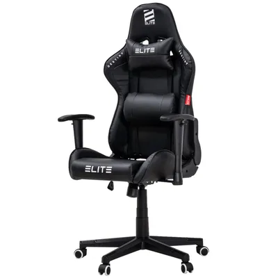 A black gaming chair is shown against a white background.