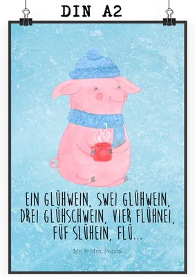 Produktbild von Mr. & Mrs. Panda Bild Schweinchen Glühwein DIN A2 - Eisblau - Geschenk, Weihnachten, Spruch, kunstdruck poster, Wandbild, wanddeko, drucke, Betrunken, Weihnachtsmarkt
