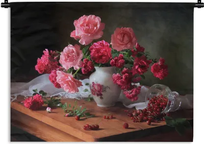 Produktbild von MuchoWow® Wandteppich Wandbehang Rosen - Stilleben - Rosa 150x112 cm Tapisserie Dekoration Wandtuch - Wanddecke - Wandteppiche