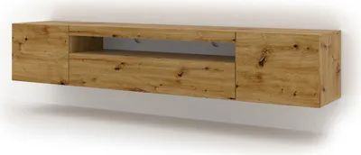 A wooden TV stand mounted on a white wall.
