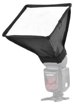 A softbox diffuser attached to a camera flash.