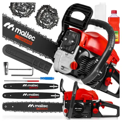A collection of chainsaw parts and accessories, including chains, bars, tools, and oil bottles, arranged on a white background.