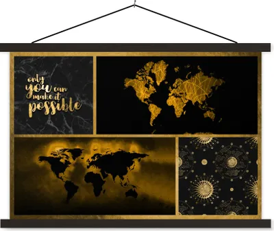 Produktbild von MuchoWow® Textilposter Weltkarte - Collage - Luxus - Gold 60x40 cm mit schwarzem Rahmen - Hölzernes