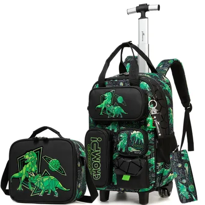Productafbeelding van Rugzak met trolleyfunctie en wielen, geschikt voor jongens en tieners, met dinosaurusdesign, afmetingen 45x30x20 cm