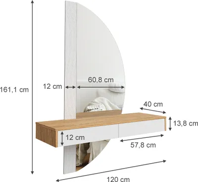 A vanity table with a mirror and drawers, with dimensions indicated by measurement lines and text.