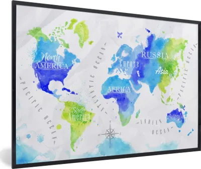 Produktbild von MuchoWow® MuchoWow® Gerahmtes Poster Weltkarte - Aquarell - Grün - Blau 90x60 cm - Poster mit zchwarzem Bilderrahmen - Fotorahmen - Foto-Plakat