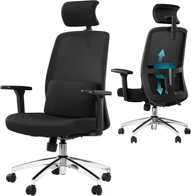 Produktbild von Ergonomischer Bürostuhl mit Lendenwirbelstütze, Kopfstütze, atmungsaktiver Netzbespannung und einer Tragfähigkeit von bis zu 150 kg