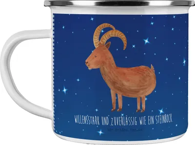 Produktbild von Mr. & Mrs. Panda Emaille Becher Sternzeichen Steinbock - Sternenhimmel Blau - Geschenk, Geburtstag Dezember, Haferl, Kaffeepott, Steinböcke, Ziege, Bock, Januar, Teetasse