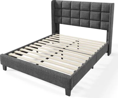 Produktbild von Flieks Polsterbett 140x200cm mit Lattenrost, Doppelbett Jugendbett Kinderbett mit Kopfteil, Leinenstoff, Grau
