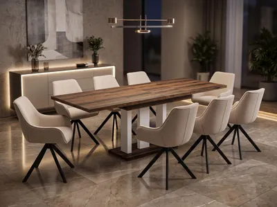 Produktbild von ENDO-Möbel Essgruppe "Appia White" - Esstisch ausziehbar 130-210cm in Eiche Monastery für 8 Personen mit Stühlen in Leinen-Beige